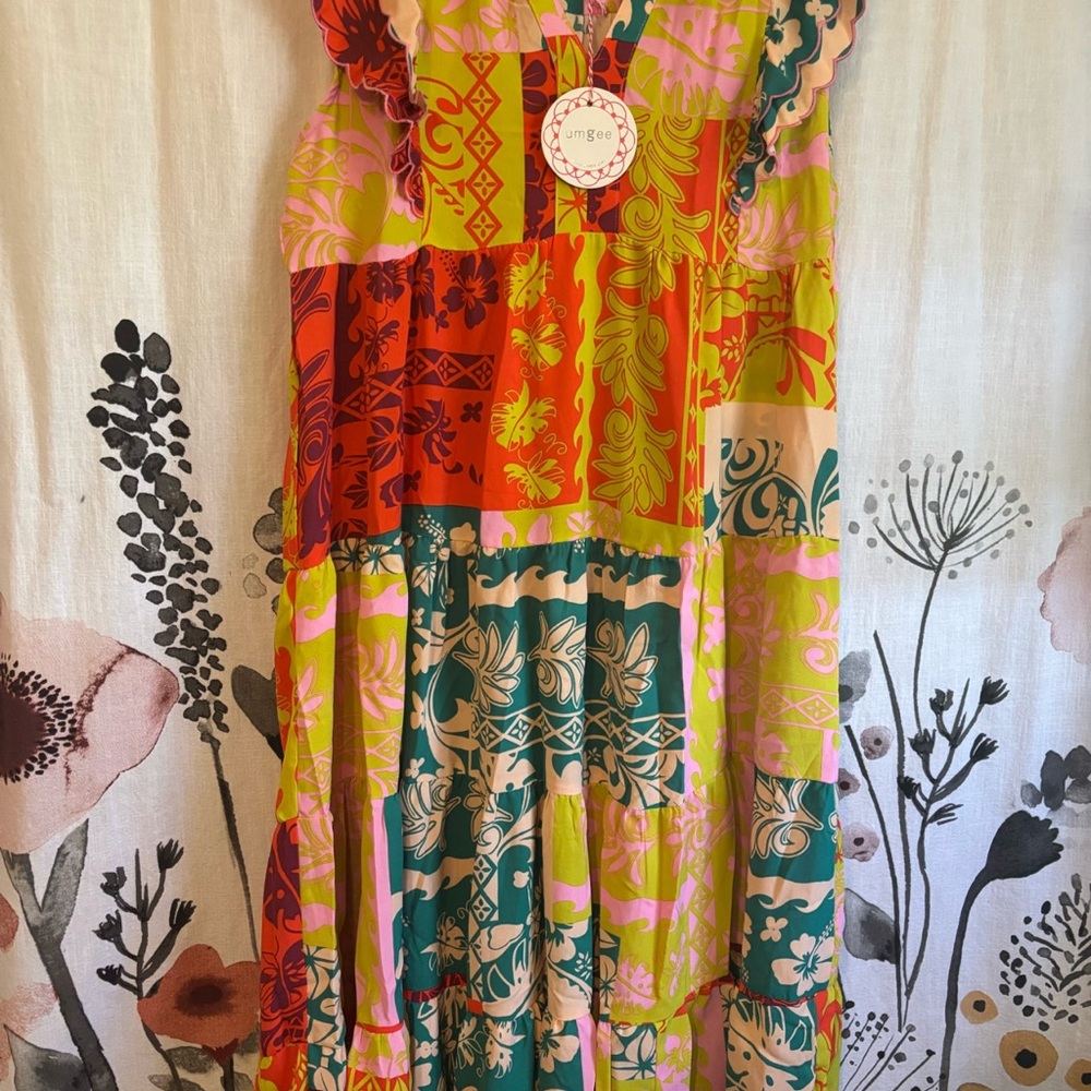 Umgee Multi-Color Patchwork Tiered Ruffle Dress — Green, Teal, Pink, Red